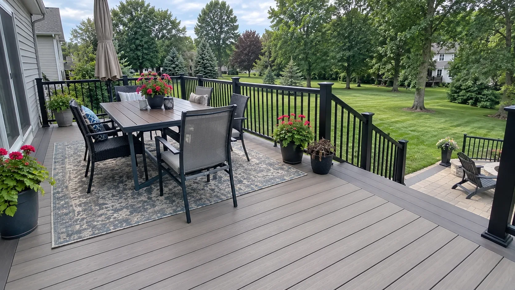 A composite deck with black aluminium railings at sunset, steps leading up to an upper level beside the house
